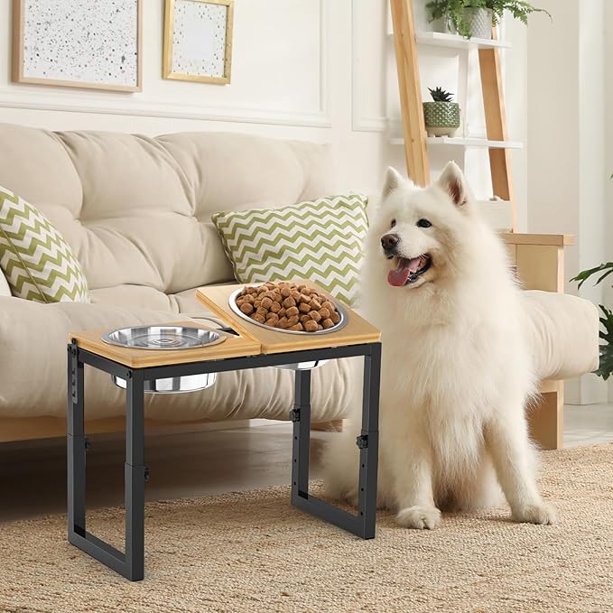 Dog Bowls Elevated, 4 Height (9.6" to15) & Angle (0-20°) Adjustable Raised Dog Bowl Stand, Elevated Dogs Bowl for Medium to Large Sized, Bamboo Feeding Station with 2X 10cups Stainless Steel Dishes