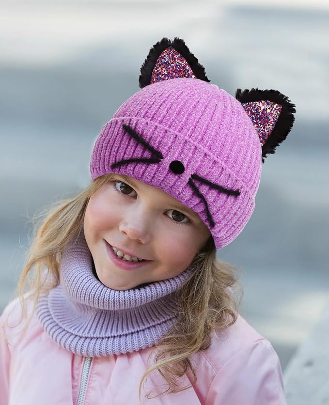 Kids Girls Cat Ear Hat Winter Warm Knit Beanie Cute Ski Skull Cap for Ages 7-12