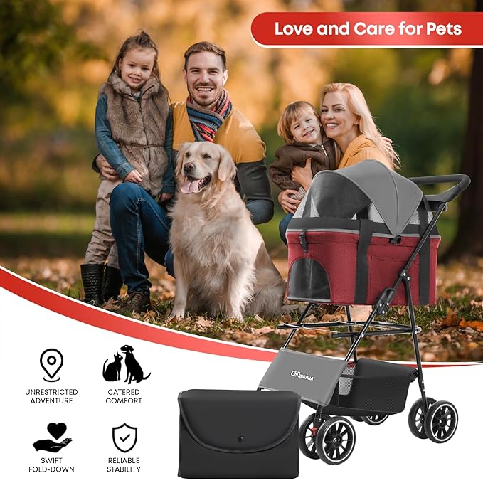 2-in-1 Foldable Pet Stroller with Canopy, 4 Wheels Pet Strolling Cart for Small/Medium Dogs and Cats with Removable Carrier,Breathable Mesh,Mom Tote Bag,Cup Holders,Easy Assembly,Grey+Red