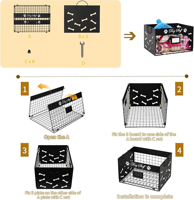 Dog Toy Bin - Metal Dog Toy Basket Box with Handles and Label Position Design Perfect for Pet Toys, Blankets, Clothes and Food (Not Included Label)