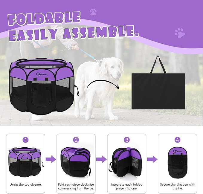 Dog Playpen, Puppy Pet Playpen, Dog Crate Tent Cage Indoor/Outdoor, Portable Pop Up Dogs Kennel Playpen with Carrying Case for Dogs/Cats/Rabbits, Purple, Medium