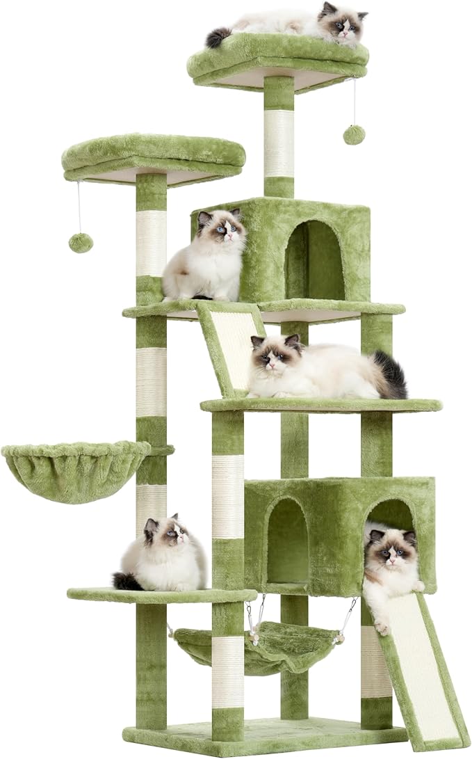 Cat Tree for Indoor Cats, 71'' (180cm) Multi-Level Cat Tower for Large Adult, Sturdy Cat Tree House with 2 Scratching Boards 7 Posts, 2 Plush Perches/Condos, Hammock, Green GCT032GR