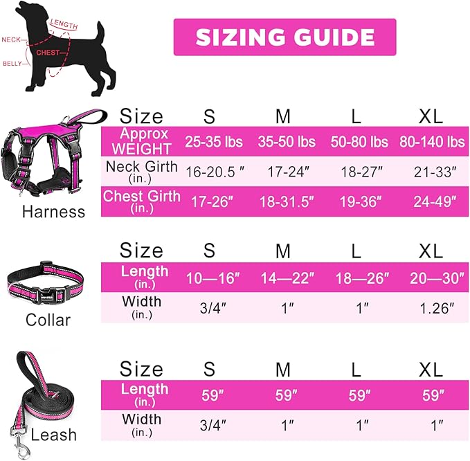 WINSEE Pet Harness Collar and Leash Set, All-in-one Reflective Dog Harness No Pull with Adjustable Buckles for Puppies, Small, Medium, Large, and Extra-Large Dogs (Medium, Rosy)