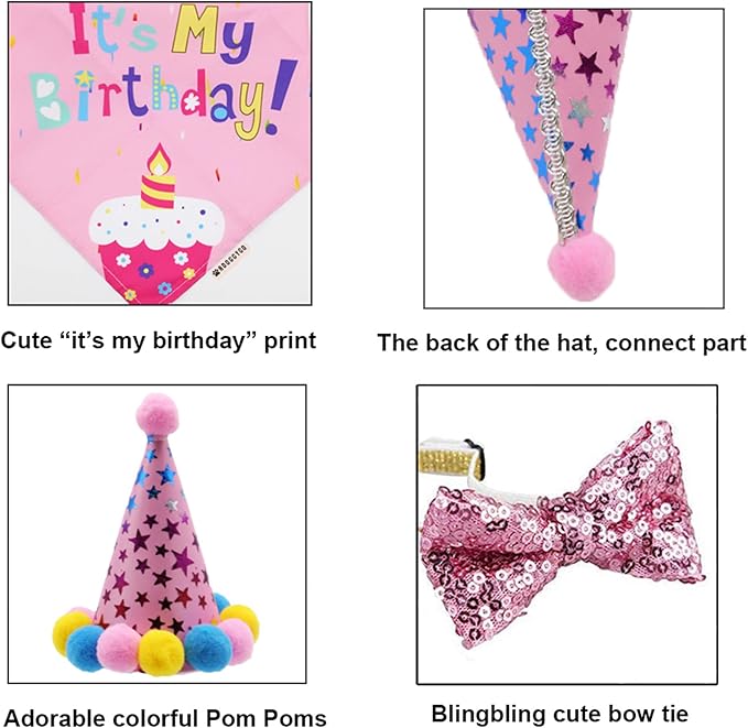 ADOGGYGO Dog Birthday Bandana Scarf and Puppy Girl Birthday Party Hat with Cute Bow Tie for Small Dog Cat (Small)
