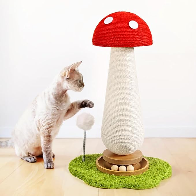 Cat Scratching Post, Mushroom Cat Scratcher with Interactive Ball Track Spring Ball Toys Cute Sisal Scratchers Post for Indoor Adults Kitten with Stable Base