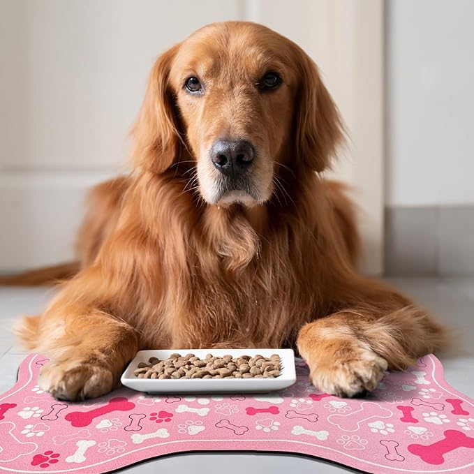 Dog & Cat Food Mat Bone Shaped Pet Feeding Mat Quick Absorb Water Bowl Placemat with Rubber Backing Indoor Floor Stain Resistant Pet Accessory Supplies (Light Pink, 16x24 Inches)