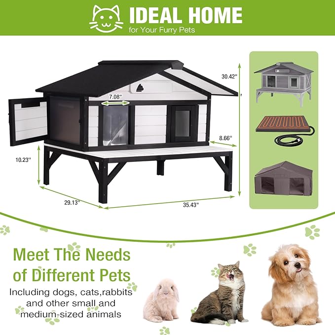 GUTINNEEN Heated Cat House for Outside Large Insulated Cat House Outdoor Weatherproof Feral Cat Shelter with Heated Pad, Insulated All-Round Thermal Liner, Chewproof Cable for Multiple Cats in Winter