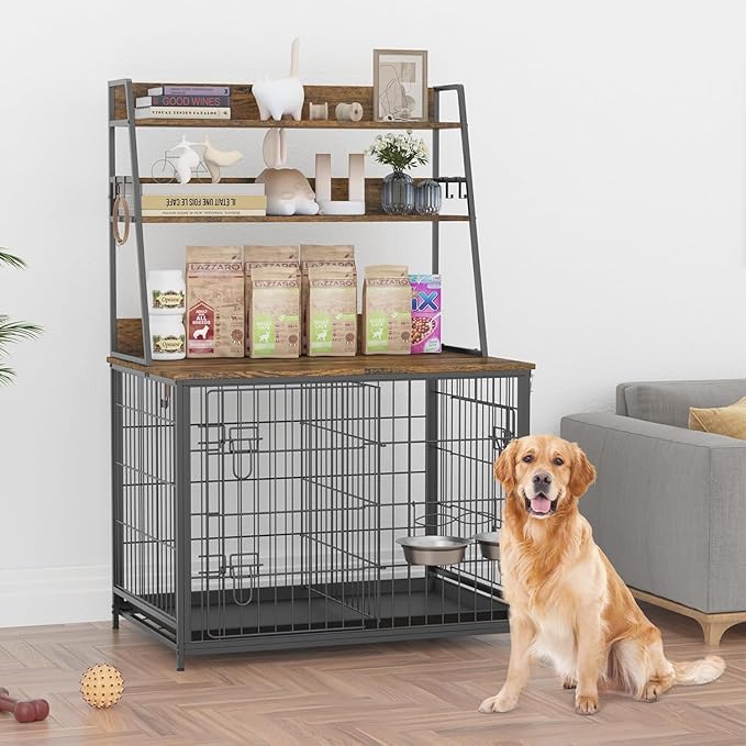 57 Inch Dog Crate Furniture with Storage - Large Dog Cage with Double Door,Dog House Kennel Indoor with Two 7" Dog Bowls,37.4"×24.4"×57.1",Vintage