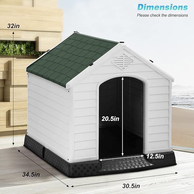 FDW Dog House Indoor Outdoor Durable Ventilate Waterproof Pet Plastic Dog House for Small Medium Large Dogs Insulated Puppy Shelter Kennel Crate with Air Vents and Elevated Floor