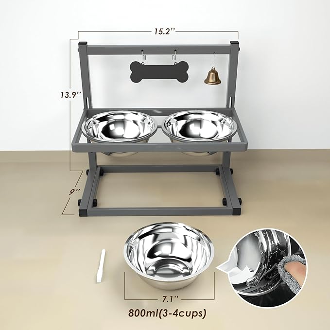 SHAINFUN Elevated Dog Bowls - Raised Stand with 2 Stainless Steel Bowls, Adjustable Height Feeder for Small and Medium Dogs, Puppies, Cats - Grey