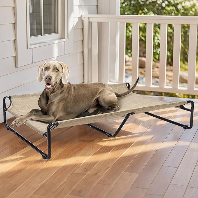 Veehoo Original Outdoor Elevated Dog Bed, Cooling Raised Dog Cot for Large Dogs, Portable Standing Pet Hammock Platform with Washable Breathable Mesh, No-Slip Feet, XX-Large, Beige Coffee, CWC2201