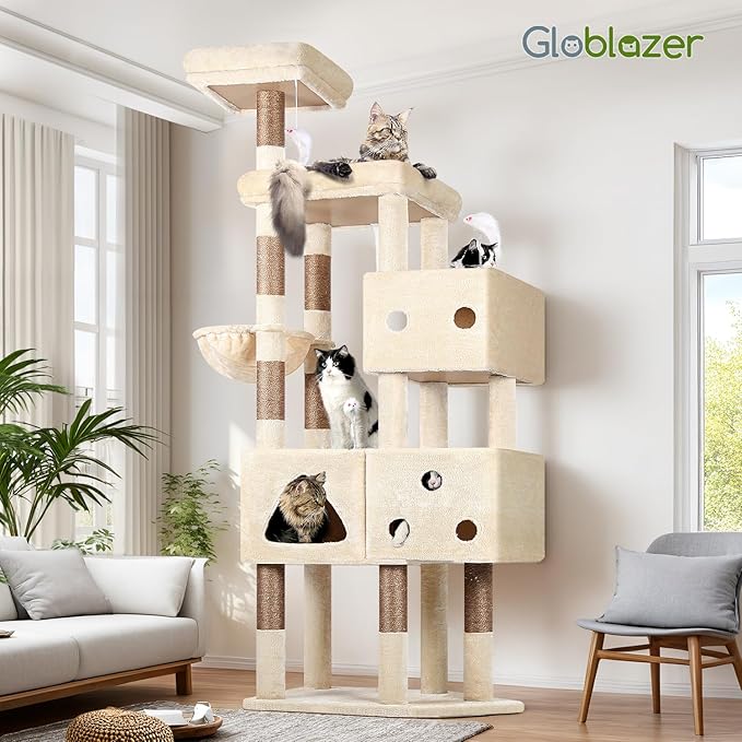 Globlazer Extra Large Cat Tower, 81-inch Tall Cat Tree for Big Cats 20 lbs, XXL Heavy Duty Cat Scratching Tower for Indoor Adult Cats with 3 Cat Condos, 8 Scratching Posts, F81, Beige