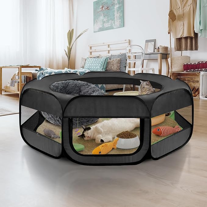 UWE Extra Large Small Animal Playpen, XL Portable Pet Playpen for Rabbit, Kitten, Guinea Pig, Hamster, Puppy – Waterproof Foldable Mesh Tent with Zipper Cover, Indoor Outdoor Use, Dark Grey