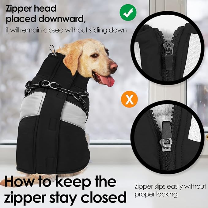 AOFITEE Dog Coat Warm Dog Winter Coat, Waterproof Dogs Jacket with Harness, Dogs Snow Jacket Snowsuit with Zipper & Furry Collar, Reflective Windproof Pet Sweater for Cold Weather, French Bulldog, L