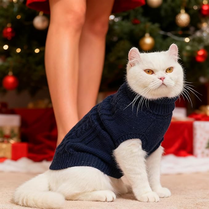 BINGPET Cat Sweater,Thermal Knitted Kitten Clothes Winter Coat,Classic Knit Turtleneck Cat Sweaters for Cats Only,Warm Pet Clothes for Kittens & Small Dogs Puppy Boy Girl Indoor Outdoor(Navy Blue,M)