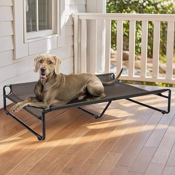 Veehoo Original Outdoor Elevated Dog Bed, Cooling Raised Dog Cot for Large Dogs, Portable Standing Pet Hammock Platform with Washable Breathable Mesh, No-Slip Feet, XX-Large, Brown, CWC2201