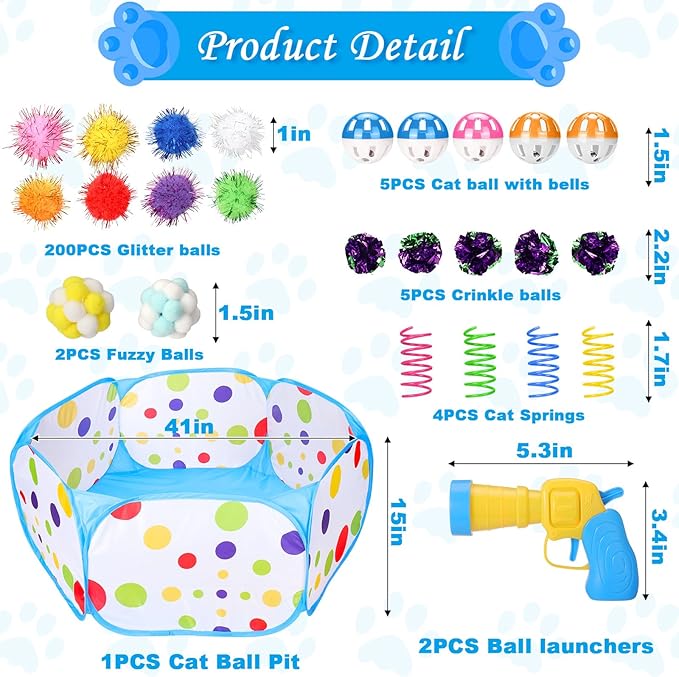 219PCS Cat Ball Pit with Balls, Interactive Toy for Indoor Bored Cats with Ball Launcher, Jingle Balls, Crinkle Balls, Springs, Pom Pom Balls, Cat Enrichment Toys, Kitten Toys for Self Playing