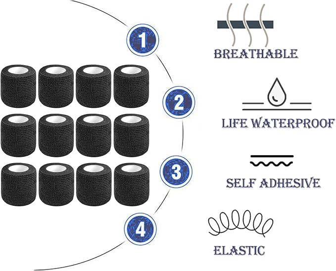 12 Pack Self Adhesive Bandage Wrap,2 Inches 5 Yards Black Vet Wrap Breathable Flexible Stretchy Cohesive Bandage for First Aid, Sprains Protection