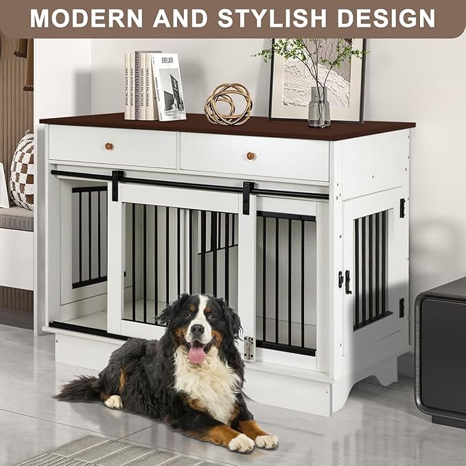 Dog Crate Furniture for 2 Dogs, Dog Kennel with 2 Storage Drawers & Divider, Large Double Dog Cage As TV Stand, Furniture Style Dog Crates with Sliding Barn Door (Brown & White)