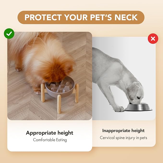 Ceramic 0.9 Cup Dog Raised Slow Feeder Set, Elevated Bowl with Wooden Stand for Small Dog, 6.1inch Pet Slow Feeder Dish for Fast Easters, Preventing Choking (Brown Coffee, Single Bowl+ Stand)