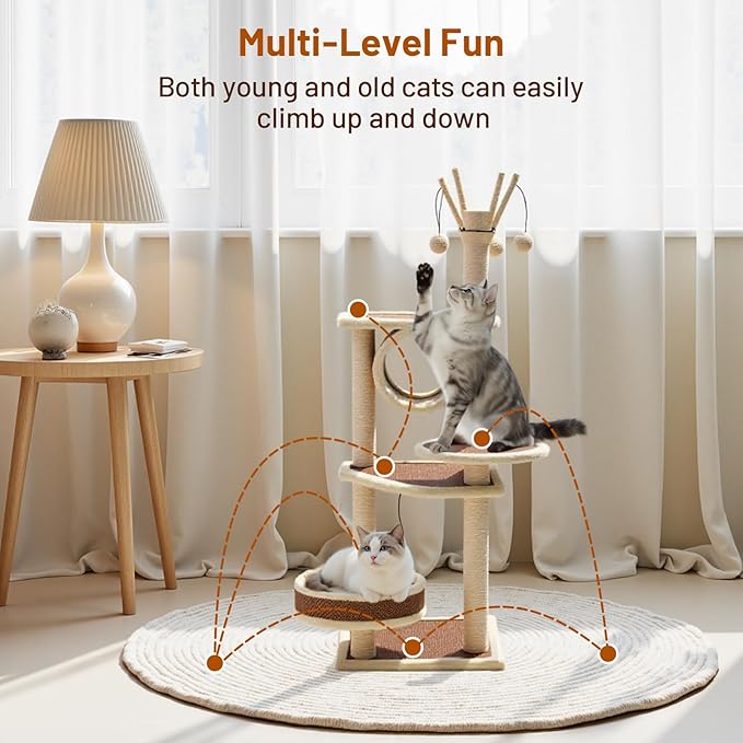 Rattan Cat Tree House with Scratching Post,Wicker Basket,Bed,and Stand Modern Cat Climbing Tower Condo for Indoor Large Adult Cat