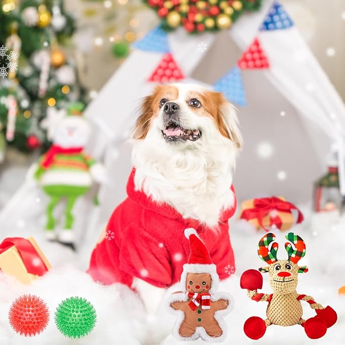 13.4'' Christmas Squeaker Dog Toys Stuffed Gingerbread Man Dog Plush Chew Toys Holiday Stocking for Small, Medium, Large Dogs Breed
