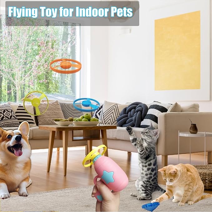 7 Piece Cat Fetch Toys, Interactive Flying Cat Toy with 5 Flying Propellers,1 Spinning Tops, Dog Cat Pet Tracks Chasing Toy for Indoor Cats (Dark Blue)