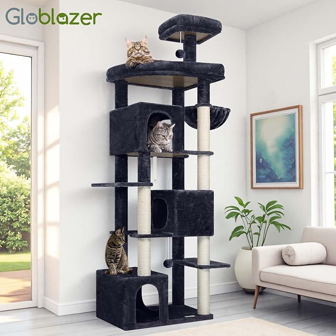 Globlazer Extra Large Cat Tree Tower for Indoor Cats Large Adult, 80in Heavy Duty Cat Tree with 3 Spacious Cat Condos, Oversized Fan-shaped Perch, 6 Full Wrapped Sisal Scratching Posts, S80, Dark Grey