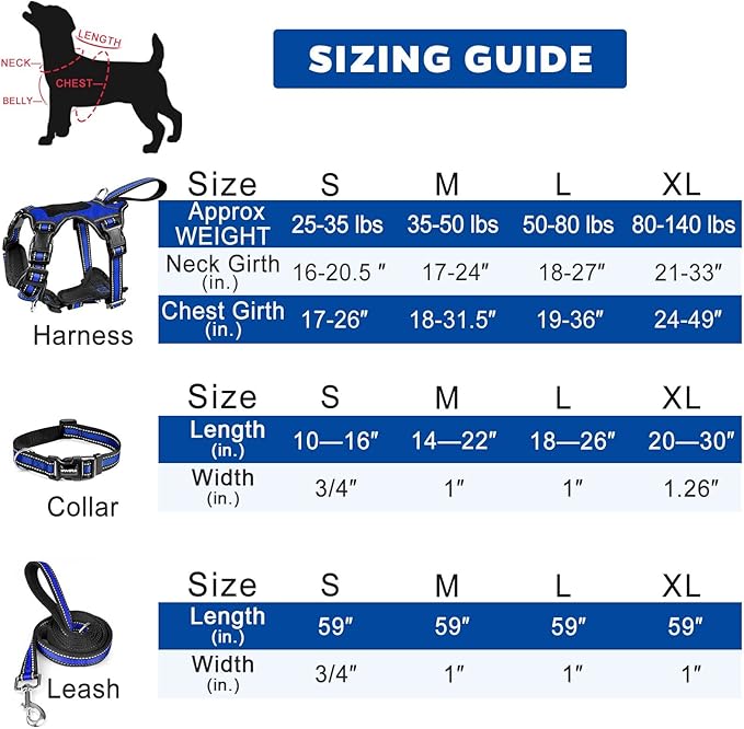 WINSEE All-in-One Reflective Dog Harness, Collar & Leash Set, No Pull with Adjustable Buckles, X-Large, Dark Blue