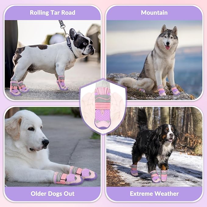 SlowTon Dog Shoes for Large Small Medium Dogs - Breathable Dog Boots for Summer Hot Pavement, Paw Protector for Outdoor Walking Winter Snow, Anti-Slip Rubber Dog Booties for Hardwood Floor (Pink, 6)