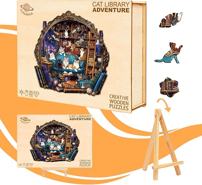 Wooden Puzzles for Adults, Cat Library Adventure Wooden Jigsaw Puzzle for Adults, Wood Puzzles Adult, Unique Shape, Presents for Friends, Wall Art Home Decor (L-13.4 * 12.6in - 255 pcs)