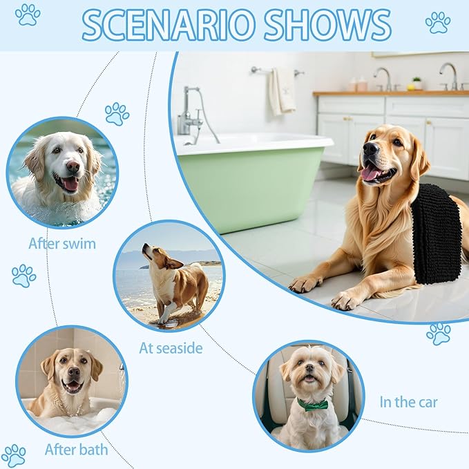 OLANLY Chenille Dog Bath Towel 31x13, Ultra Absorbent Quick Dry Pet Towel, Extra Soft Washable Plush Towel for Large Dogs & Puppies, Indoor Outdoor Use, Black