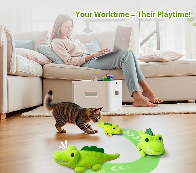 Interactive Cat Toys for Indoor Cats - Self-Charging Croc Chase Toy with 360° Motion, Wagging Tail & Catnip, Automatic Exercise Toy for Bored Kittens/Adults(Short Plush)