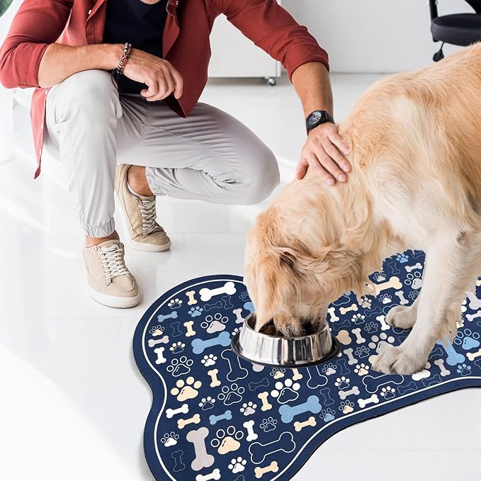Dog & Cat Food Mat Bone Shaped Pet Feeding Mat Quick Absorb Water Bowl Placemat with Rubber Backing Indoor Floor Stain Resistant Pet Accessory Supplies (Blue, 17x29 Inches)
