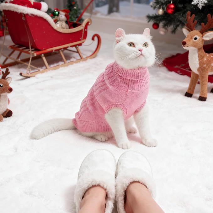 BINGPET Cat Sweater,Thermal Knitted Kitten Clothes Winter Coat,Classic Knit Turtleneck Cat Sweaters for Cats Only,Warm Pet Clothes for Kittens & Small Dogs Puppy Boy Girl Indoor Outdoor(Pink,M)