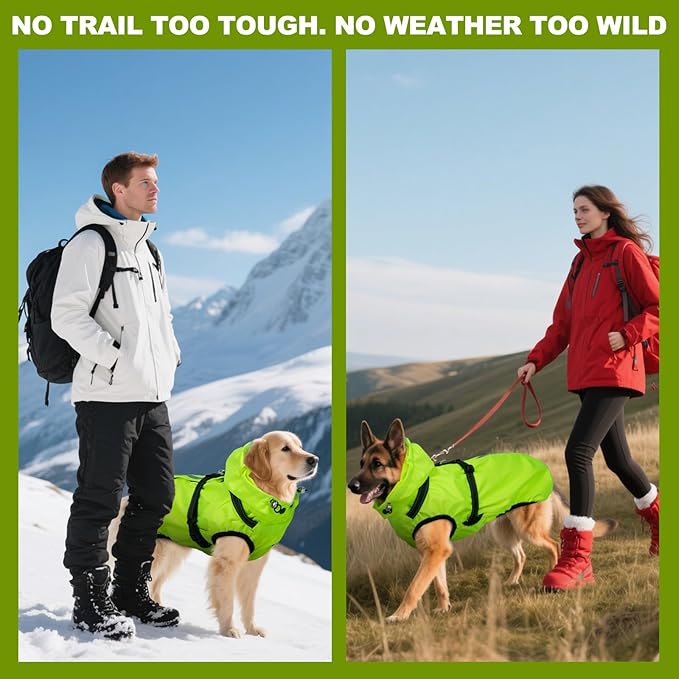 Dog Raincoats for Large Dogs with Hood, Waterproof Dog Rain Coat with Adjustable Built-in Harness & Back Zipper, Reflective Strip, for Rainy Walks, Muddy Roads - Fluorescent Green L