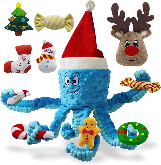 Squeaky Dog Toys, Christmas Octopus Dog Toy with 10 Pcs Small Dog Toy, Interactive Tug of War Dog Plush Toy, Crinkle Dog Toy Plush Dog Toys (Blue)