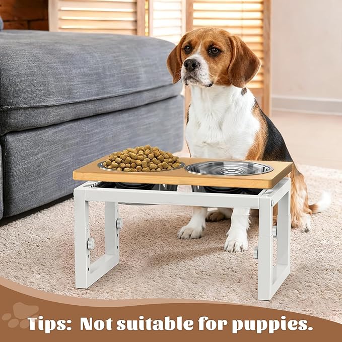 Dog Bowls Elevated, 4 Height & Angle Adjustable Raised Dog Bowl Stand, Elevated Dogs Bowl Stand For Medium Sized Pet, Sturdy Bamboo Dogs Feeding Station With 2x 48oz(6cup) Stainless Steel Dishes,White