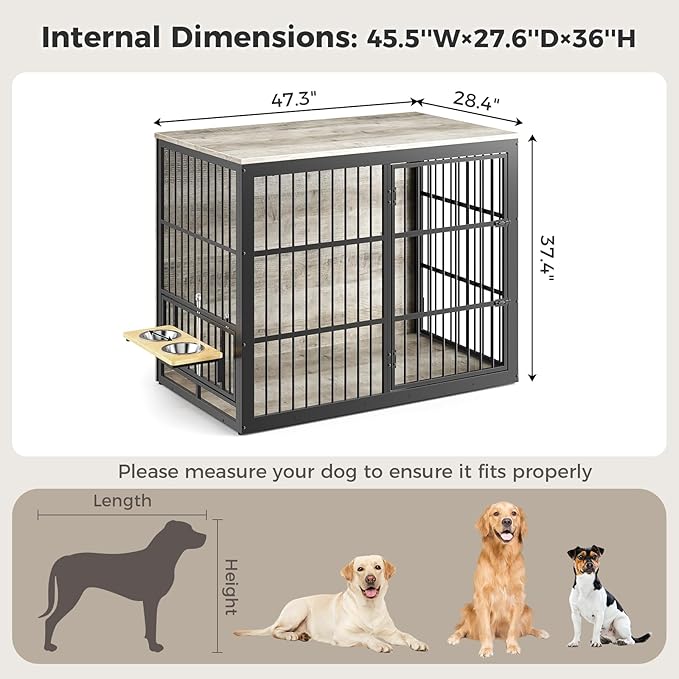 Lyromix 48'' XXL Dog Crate Furniture with Rotating Feeder, Large Wooden Crate End Table, Heavy Duty Indoor Kennel Cage for Medium to Large Dogs, Grey