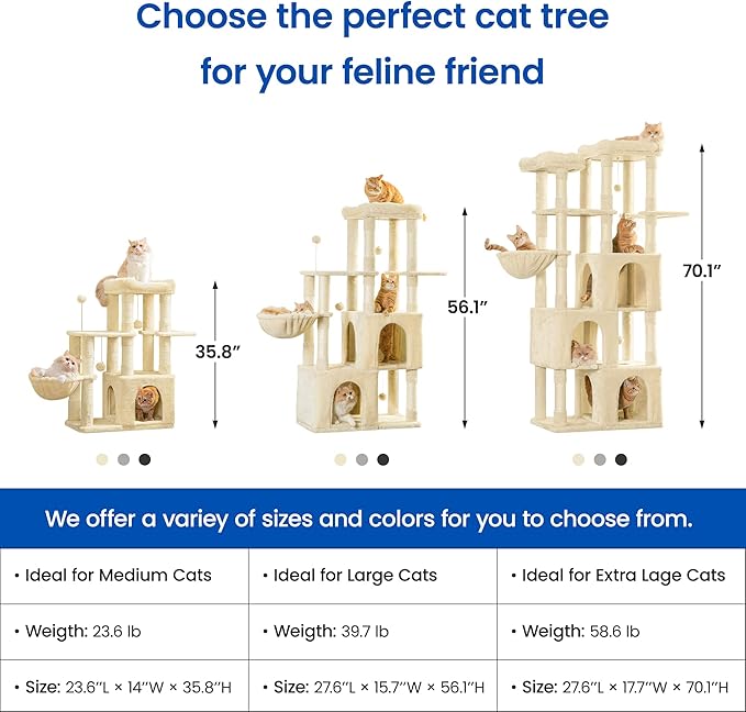 MWPO Extra Large Cat Tree - 70.1-Inch Tall Cat Tower with 3 Cat Condos, Multi-Level Cat Stand for Large Cats Featuring Scratching Posts, Padded Perches, Hammock, Dangling Toys, Beige