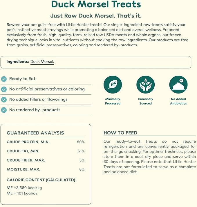 Little Hunter Duck Dog Treats Freeze Dried | Raw Single Ingredient Duck Morsel for Snacks, Training, Dog Food Toppers - All Natural, 2 oz