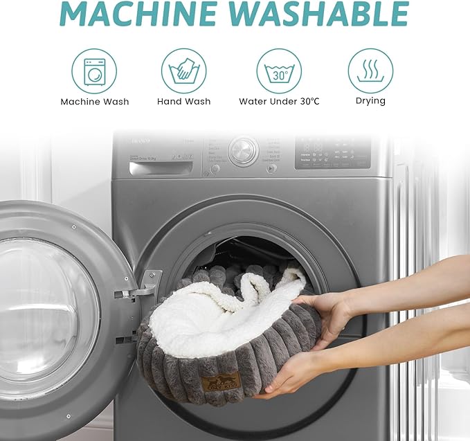 Dog Bed with Hooded Blanket, Round Fluffy Anti-Anxiety Pet Bed for Medium Dogs & Large Dogs, Cozy Donut Cuddler with Machine Washable Faux Fur & Anti-Slip Bottom(35"×35"×7",Grey)