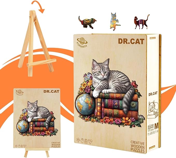 Wooden Puzzles for Adults - Dr. Cat Puzzle for Adults, Unique Shape Wooden Jigsaw Puzzle, Wood Puzzles Adult, Good Gift Idea for Cat Lovers, Home Decor (M-11.4 * 10.1in-170 Pieces)