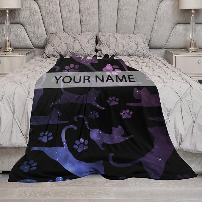 Personalized Cat Blanket Gifts with Name - 60"x80" Cute Throw Blanket for Adults Kids - Black Soft Plush Throws for Bed, Couch & Travel