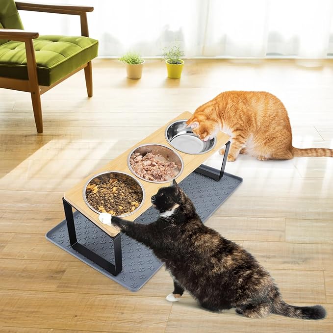 15° Tilted Elevated Cat Bowls - Raised Cat Bowls Stand with Silicone Food Mat & 3 Stainless Steel Cat Dishes for Food and Water, Anti-Vomiting for Indoor Cats and Small Pets