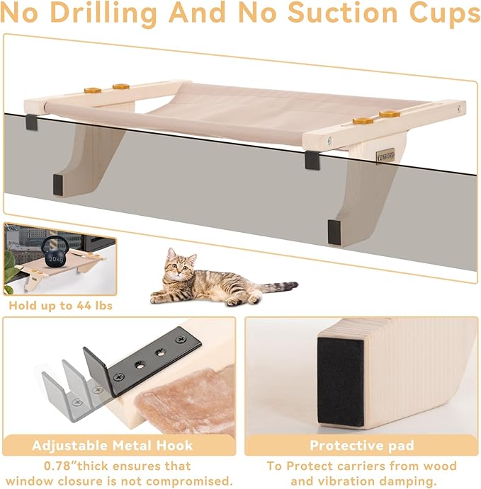 PETSFIT Cat Window Perch, Hammock Window Seat with Solid Wood Support, Metal Frame & 2 Removable Pads, Easy to Adjust & Assemble Cat Bed for Windowsill, Bedside and Drawer