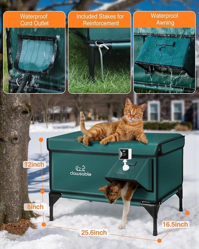 Indestructible Heated Cat House with Pet Camera for Outside Winter, 100% Waterproof, Escape Door, Insulated Outdoor Cat Shelter with Heater for Feral Barn Cat Kitty (Forest Green, 25.5"x16"x18")