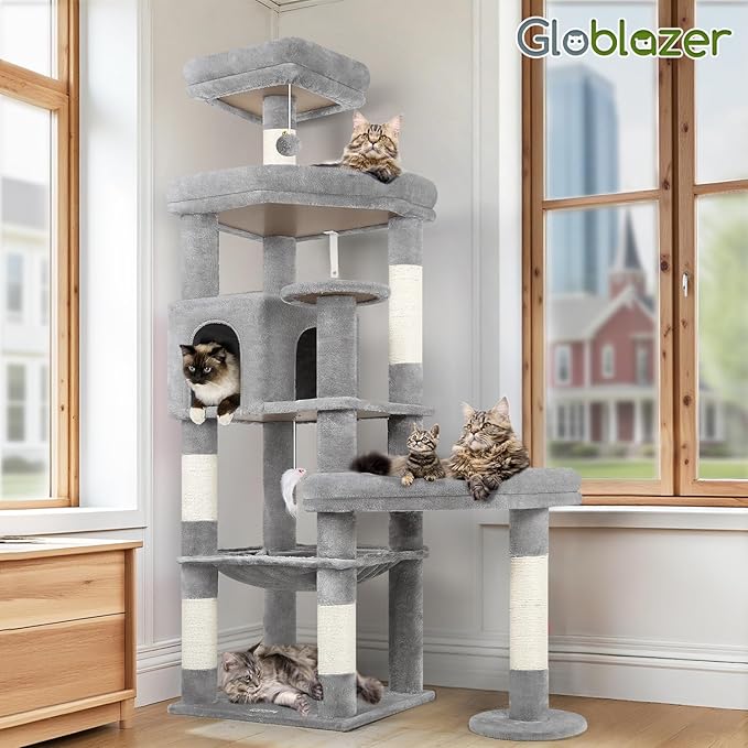 Globlazer Extra Large Platform Cat Tree, 65in Sturdy Cat Tree for Indoor Cats Large Adult, Big Cat Tower for Big Cats with 3 Enlarged Perches, 6 Scratching Posts, Cat Condo, Hammock, S65, Light Grey