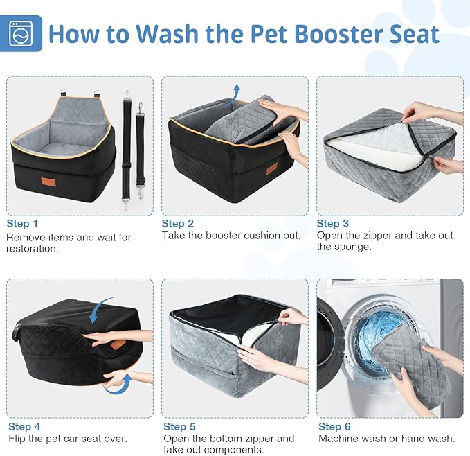 Dog Car Seat - Memory Foam Booster for Small Dogs 0-35 lbs, Anti-Slip with 2 Adjustable Leashes, Elevated Dog Travel Bed with Storage Pockets