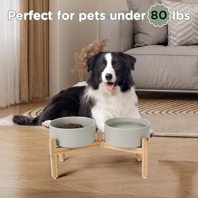 SPUNKYJUNKY Elevated Dog Bowls Ceramic, 7.3'' Dogs Food Water Bowls Raised with Non-Slip Bamboo Stand for Medium to Large Sized Breed Microwave Dishwasher Safe - 42 OZ,Grey